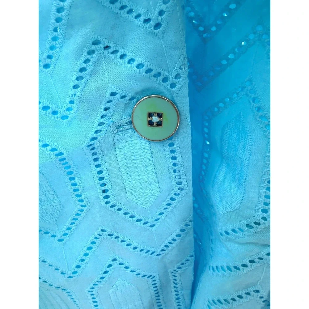 Chico's Celebration Eyelet Blazer Aria Aqua Blue Geometric Knit Jacket 2 L New